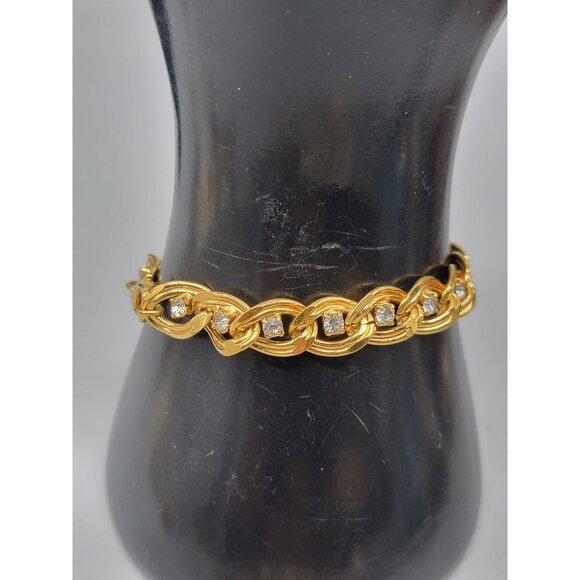 10kgp Diamante Accented Oval Link Bracelet Yellow Gold Plate Rhinestones SZ 6.5 - Picture 7 of 8